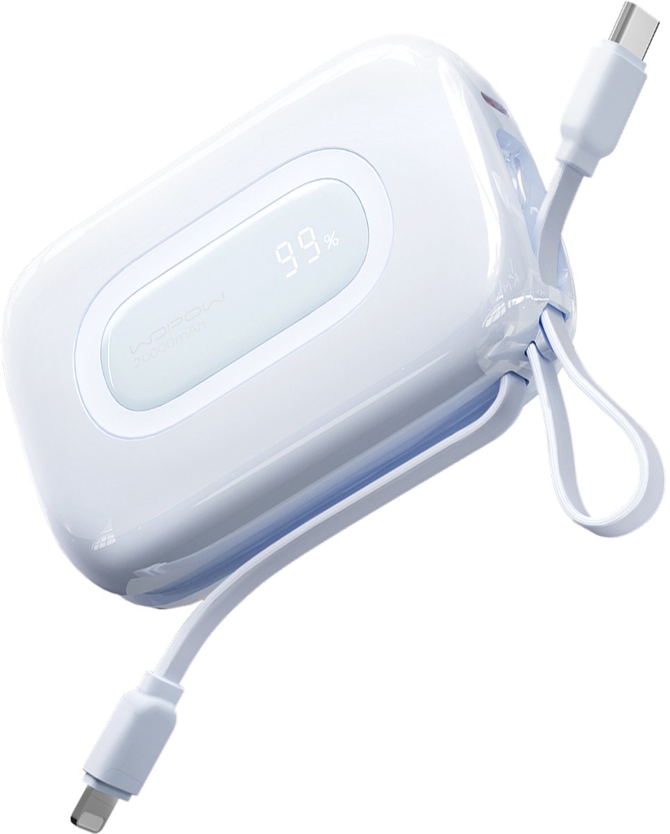 Wopow Powerbank met ingebouwde USB-C & Lightning Kabels, SQ73, 20.000mah, 22.5W, Blauw, 6933185740024