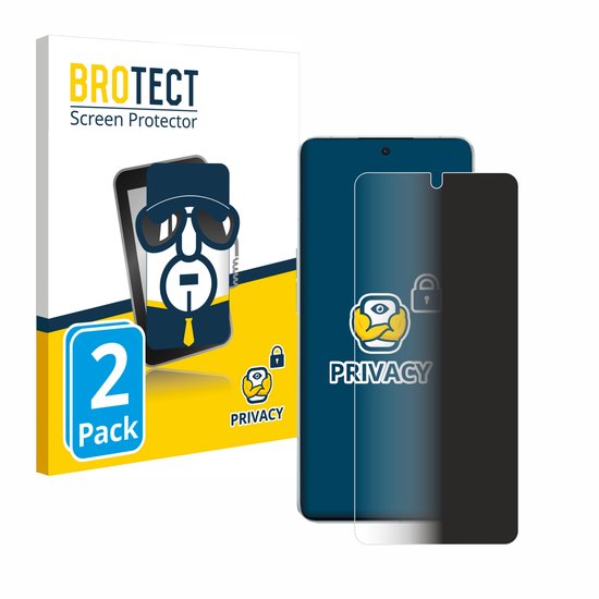 Emballage de 2 protecteurs d'écran de confidentialité. L'emballage montre une illustration d'un téléphone avec des lunettes de soleil et une cravate, et le mot 'PRIVACY'.