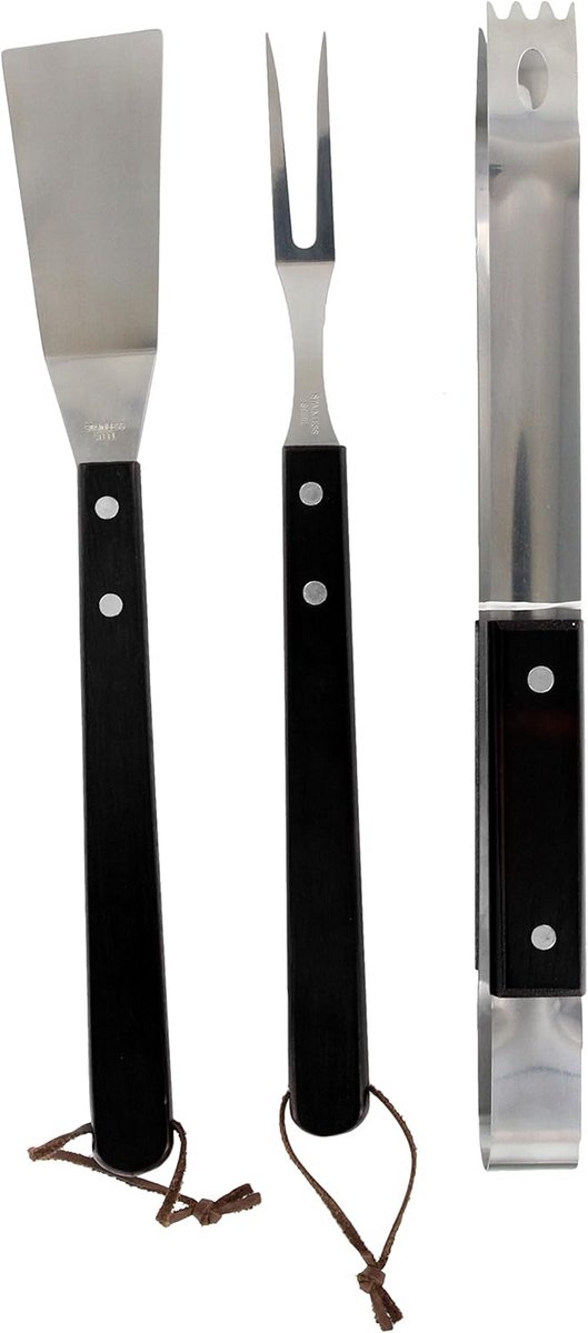 BBQ Gereedschap Set 3 Delig - Roestvrijstaal Bestek met Houten Handvat