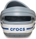 Achterkant van een grijze Croc met witte en blauwe strepen op de zool.