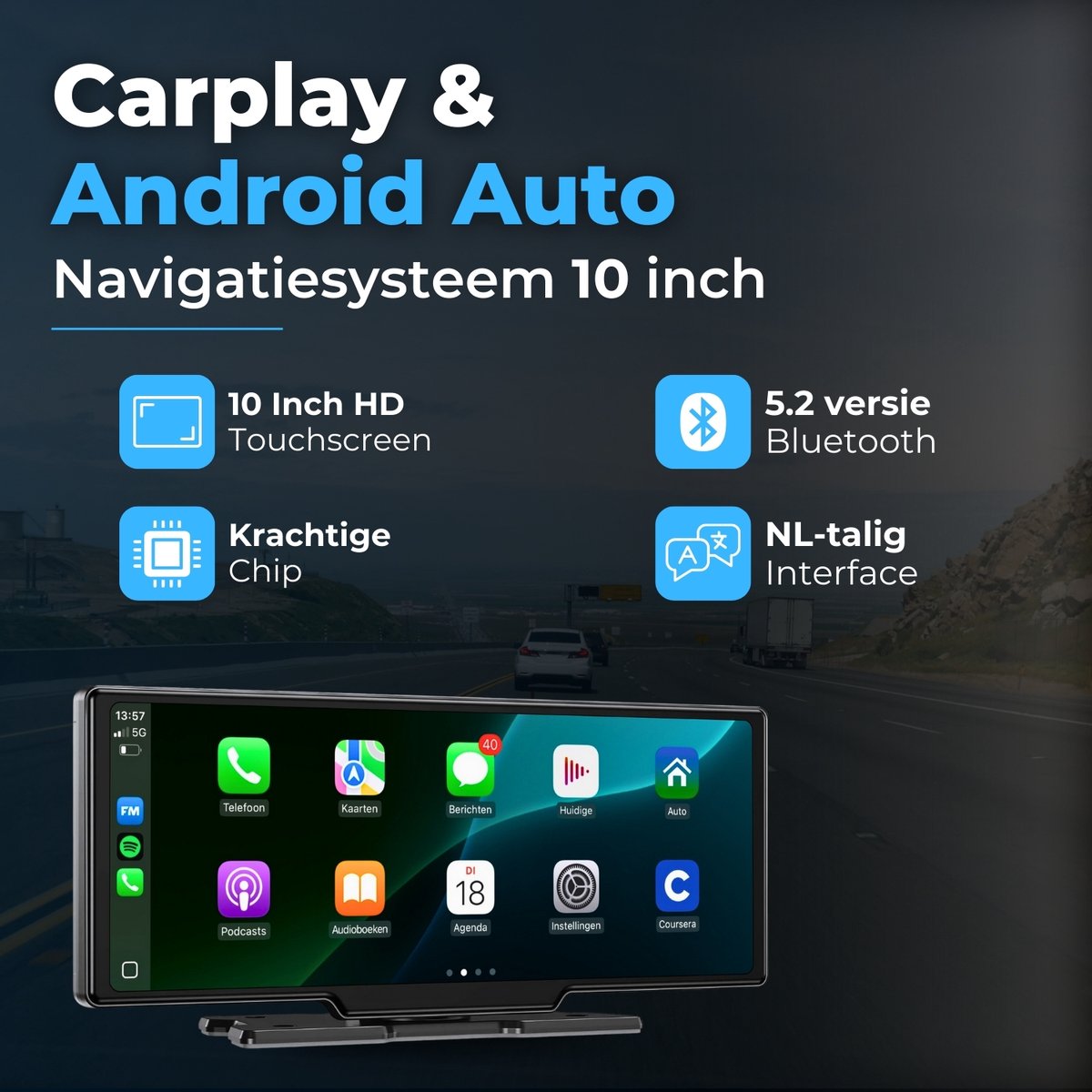 CarPlay Android Auto scherm 10 inch auto navigatie touchscreen Bluetooth handsfree AUX FM transmitter - Afbeelding 2