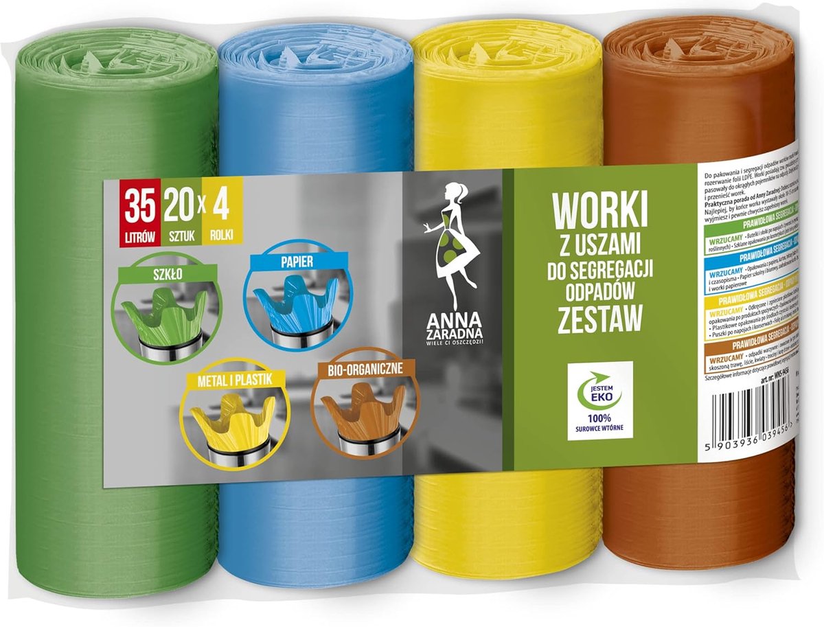 Set van 4 Handige Afvalzakken voor Gescheiden Inzameling: Bio, Plastic, Glas en Metaal