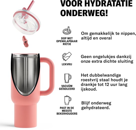 Waterdrop® Explorer Thermo Drinkbeker 1,1 L - 12 uur koud - Drinkbeker met rietje, handvat en lekvrij deksel - Perfect voor ijskoude dranken- zachtroze - Drinkfles - Waterfles