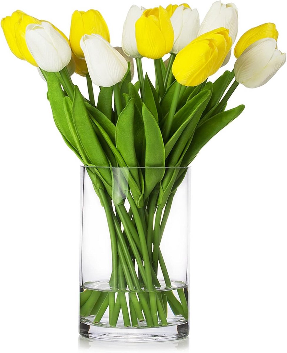 Kunsttulpen Boeket in Vaas met Kunstwater - 20 Witte en Gele Echte Aanraking Bloemen voor 