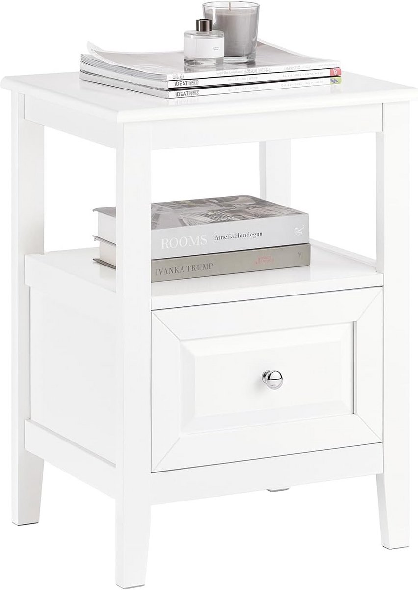 Witte Bijzettafel met Lade - Nachtkastje voor Woonkamer en Slaapkamer (45x35x60 cm)