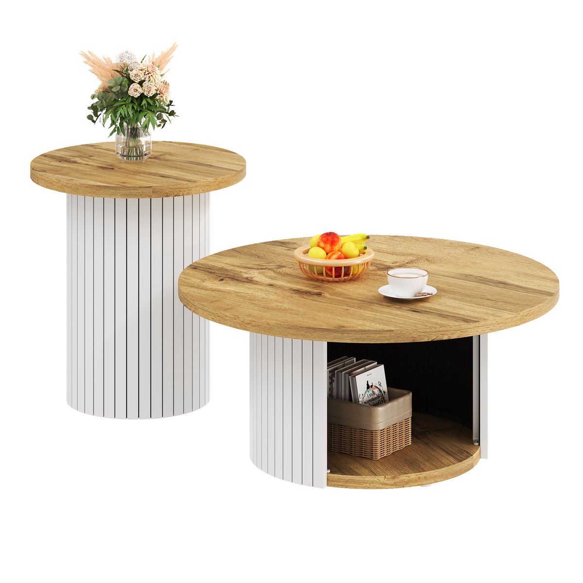 Clruro Salontafel - Set van 2 - Rond en Houten Latten - Dubbele Ronde Tafel - Hout - Naturel