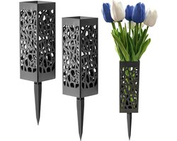 ANMI® Set van 2 Grafvazen met Grondpen - Zwart - Vierkant Bloemenvaas voor Begraafplaats - Weerbestendig Kunststof - Met Drainage - Voor Grafsteen en Herdenking