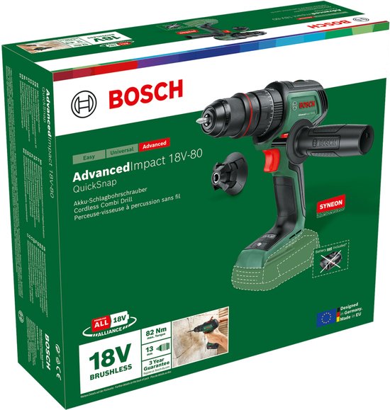 Outil nu Bosch AdvancedImpact 18V-80 QuickSnap - Perceuse-visseuse à percussion sans fil - Avec porte-vis magnétique, mandrin de perçage 13 mm, embout à vis - Sans batterie ni chargeur