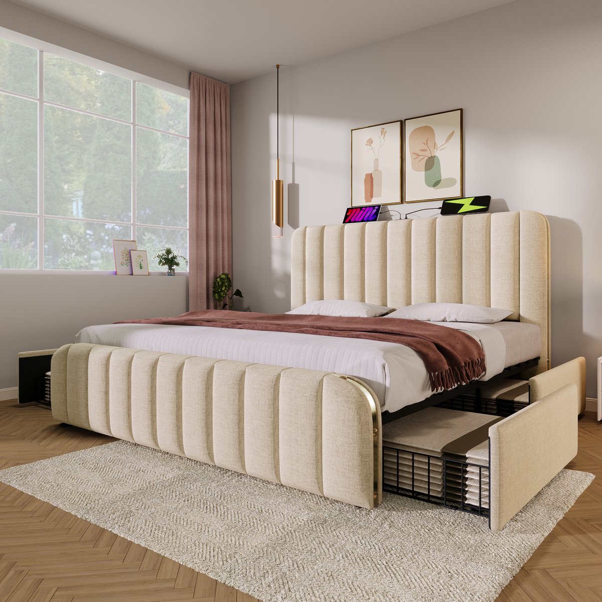 REDOM Bedframe 180x200 cm – LED Hoofdbord met USB & Type-C – Met 4 Opberglades – Modern Bed Voor Slaapkamer – Linnen Bekleding en Metaal – Beige