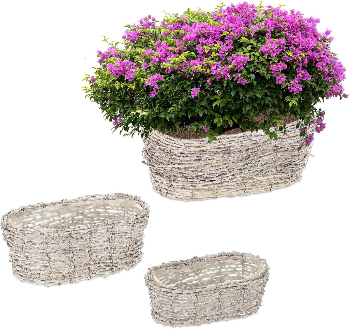 Famanu – Plantenbak set van 3 rotanlook ovaal met binnenfolie voor binnen gebruik wit naturel