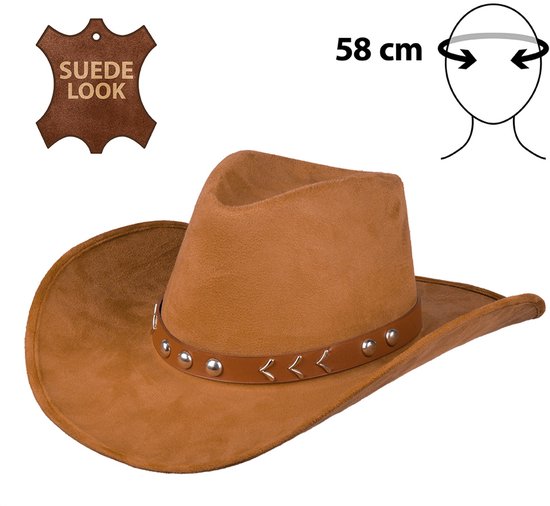 Bruine suède look cowboyhoed met zilveren studs en decoratieve chevron patronen.