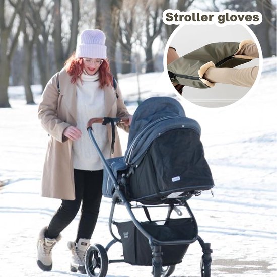 Kinderwagen Handwarmer - Wandelwagen Mof - Winterse Wandelingen - Waterdicht & Pluche Gevoerd - 56 cm Lengte - Kaki — afbeelding 4