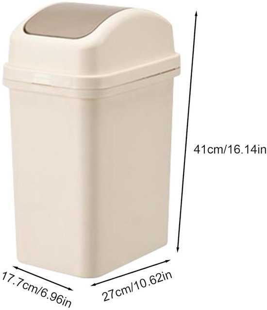 Beige afvalemmer met bruin kantel-deksel, met afmetingen 41x27x17,7cm.