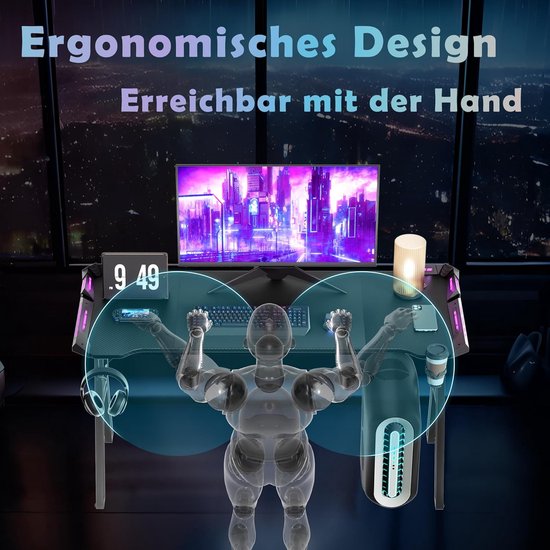Gaming Bureau - Werktafel Bureau - Comfortabel Gamen - Ingebouwde LED Verlichting - 140x60x74 cm - Zwart — afbeelding 2