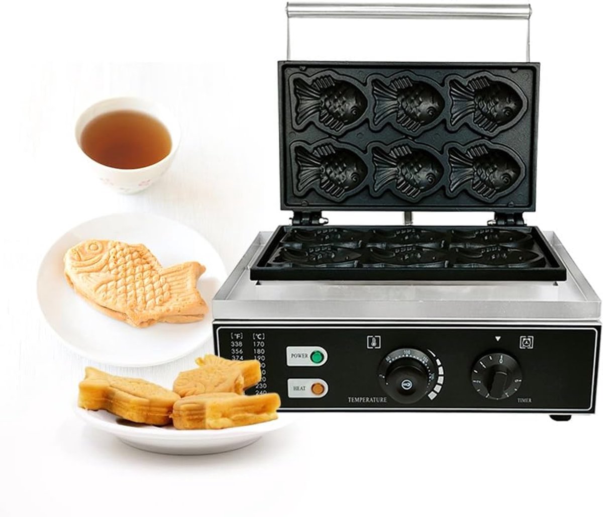 Wafelijzer Vorm Vis - Apparaat Bakken - Snacks Maken - Zes Vissen Tegelijk - 44x41x26cm - Wit