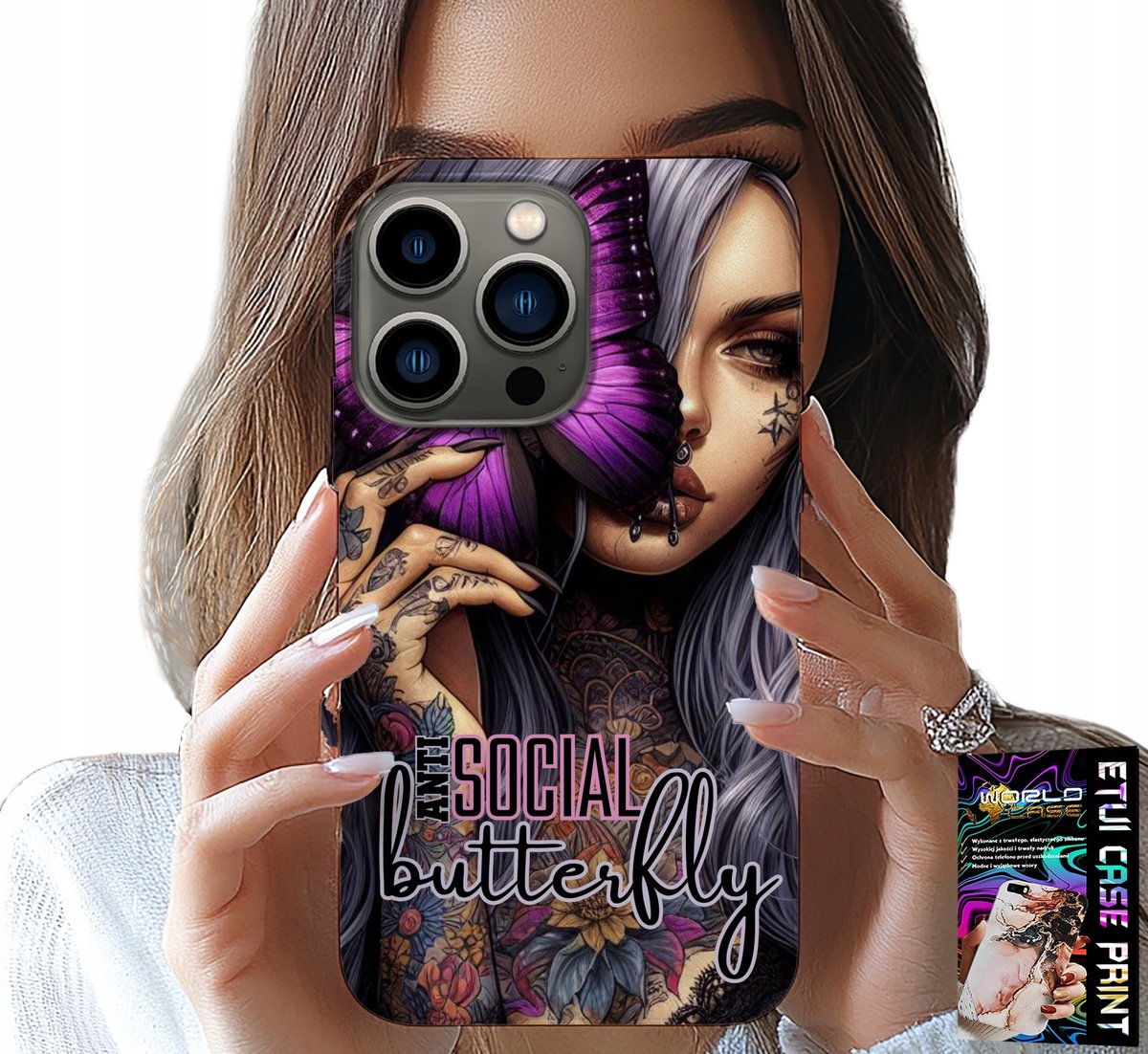 HOESJE VOOR IPHONE 14 PRO - ANTI SOCIAL, VLINDER, ROZE VLINDER + GLAS