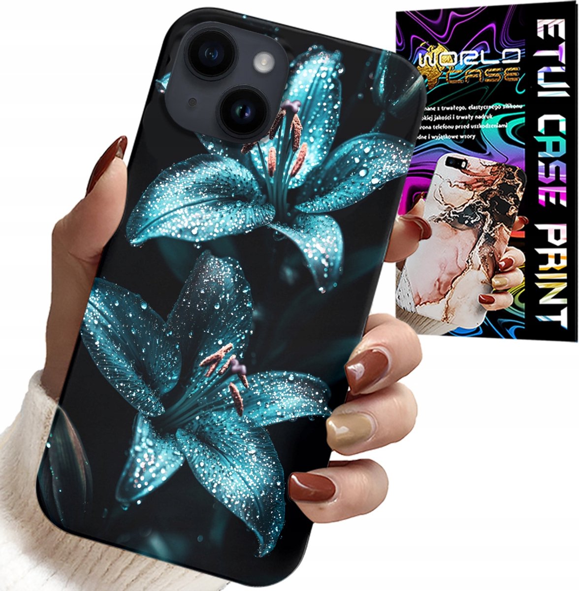 iPhone 13 hoesje - turquoise lelies bloemen behuizing + glas