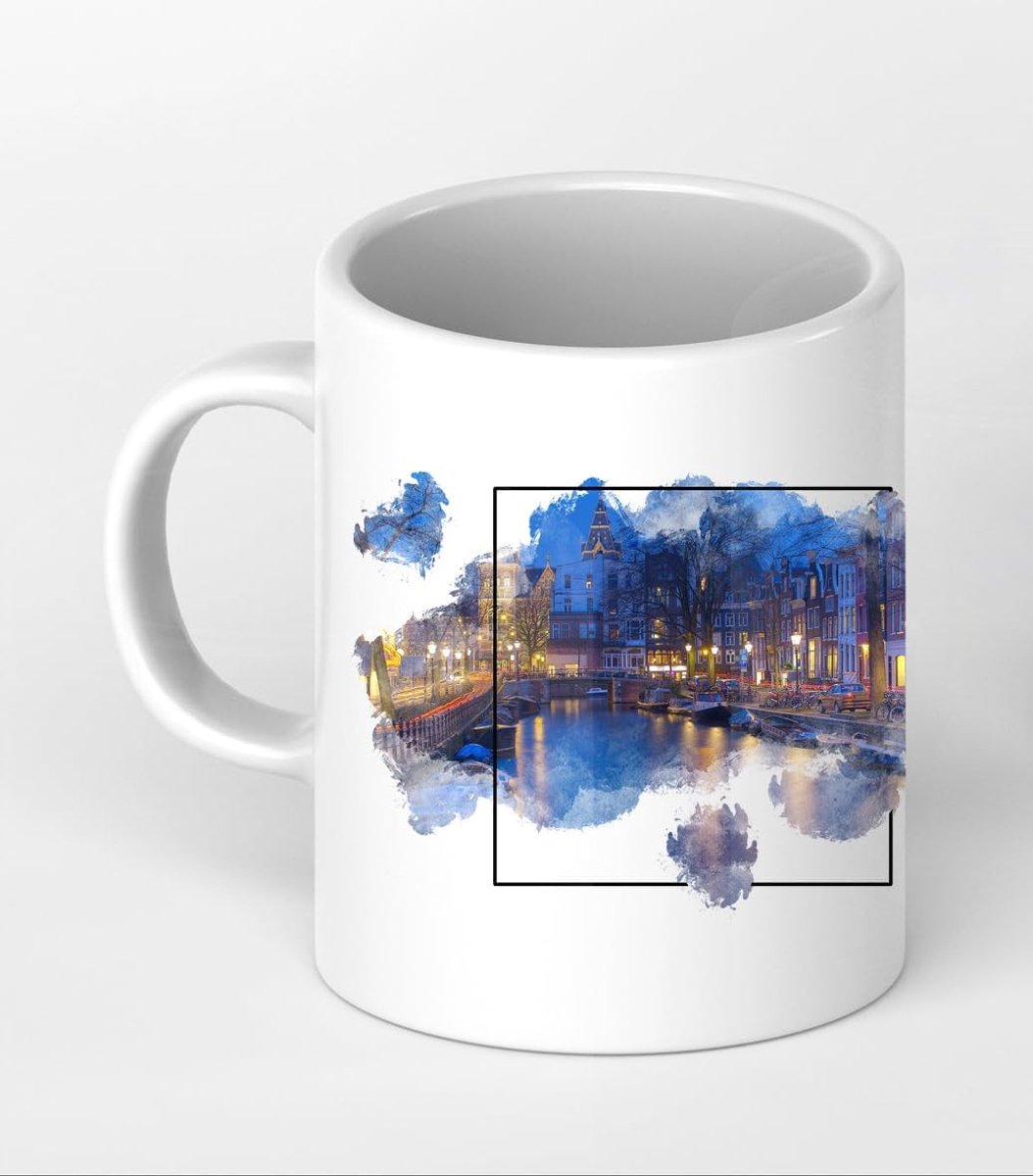 Motiefmok Amsterdam - Tekening Mok - Koffie Moment - Panoramisch Design - 300 ml - Wit