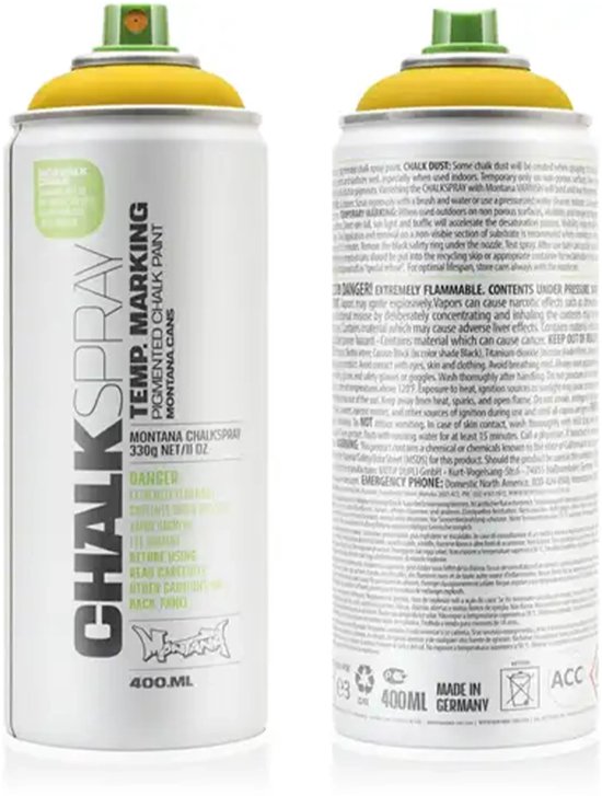 Une bombe de peinture Montana Chalkspray avec un capuchon jaune et une bande verticale jaune à côté. La bombe porte l'étiquette 'CHALKSPRAY TEMP. MARKING'.
