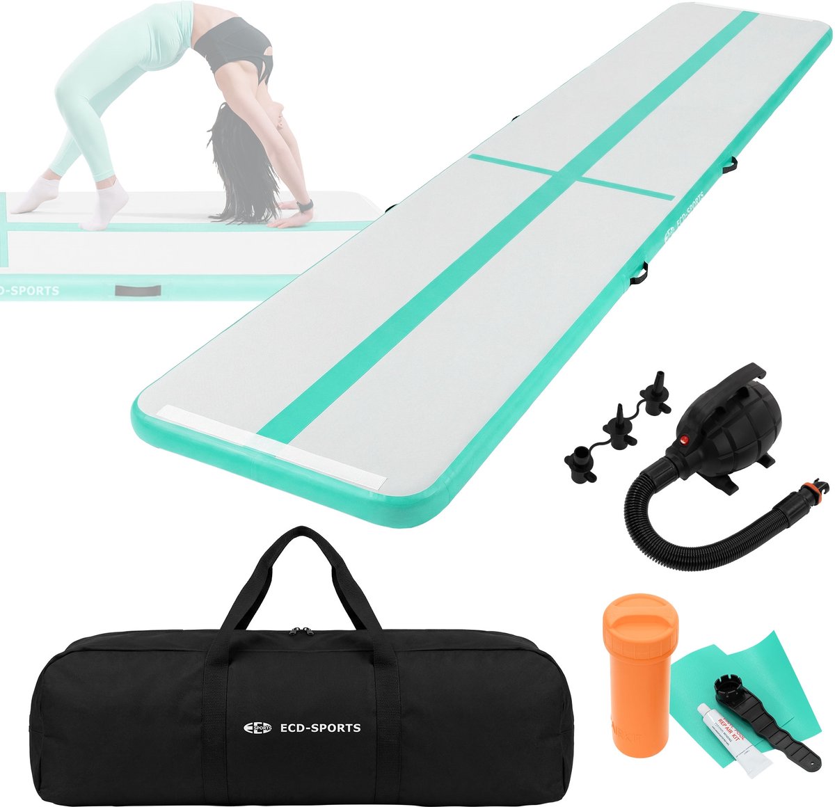 ECD Germany airtrack opblaasbare gymnastiekmat 5m mintgroen 10cm dik turnmat tumbling fitness yoga inclusief elektrische luchtpomp draagtas antislip duurzaam binnen buiten trainingsmat yogamat sportmat pilatesmat gymnastiekbaan cheerleading airtrack