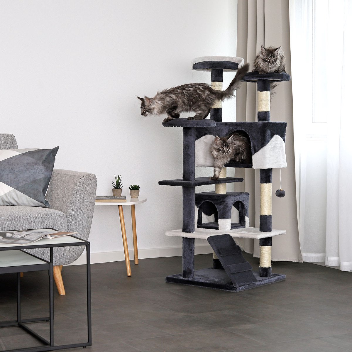 lionto Kattenkrabpaal 130 cm groot, met trap, grot & speelballen, grijs/wit thumbnail 3