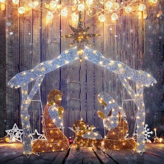 Kerststal Decoratie - Heilige Familie Set - Buiten Versieren - Met Verlichting - 30x0.3 cm