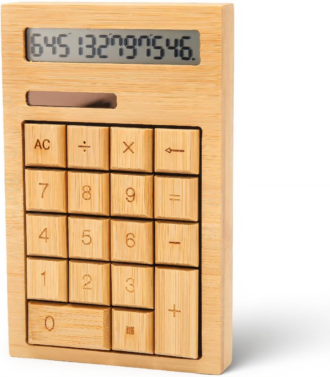 Houten Rekenmachine - Bureau Rekenmachine - Dagelijkse Berekeningen - Zonne-energie en Batterij - 12 Cijfers LCD - Houtkleur