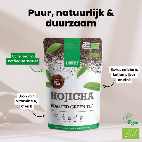 Purasana Hojicha Roasted Green Tea, 75g. Pure & Organic product met Nederlandse tekst.