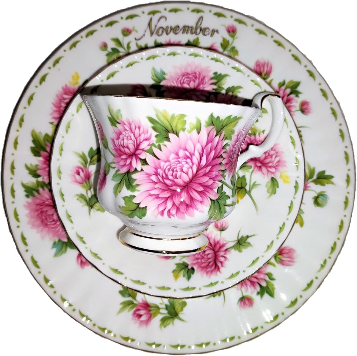 Kop en schotel - Theekop set - Genieten van koffie - November bloem design - 1 persoons - Wit