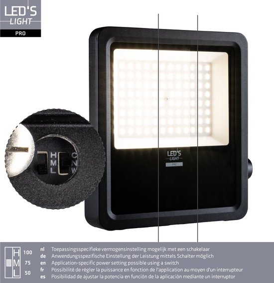 Zwarte schijnwerper met een close-up van de instelknop met H, M, L-opties en 100W, 75W, 50W.