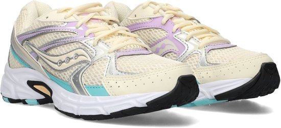 Crème Saucony sneakers met paarse, zilveren en lichtblauwe accenten.