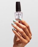 Een hand met mintgroene nagels houdt een O.P.I. Top Coat flesje vast.