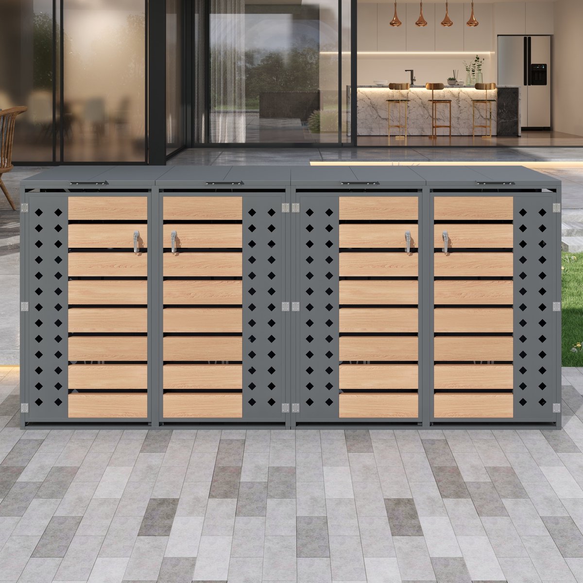 REDOM Afvalcontainerkast - Hydraulisch Klapdeksel - Afsluitbare Deuren - Ruitvormig Geperforeerde Panelen - Staal - Grijs En Houtlook