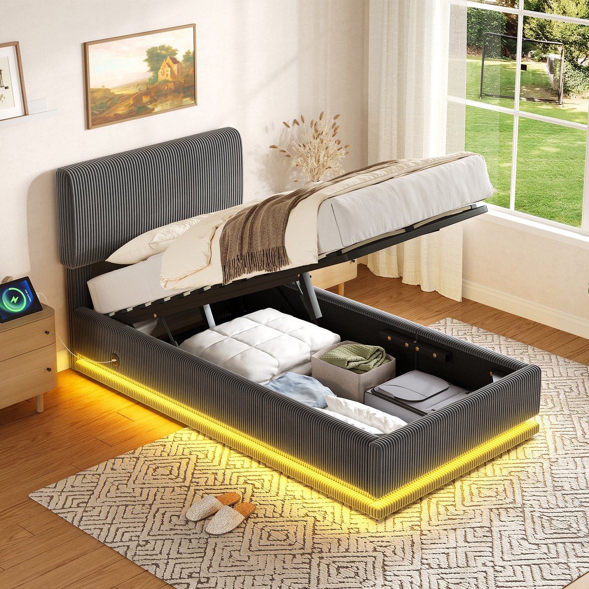 MIVRAY Gestoffeerd Bed 90x200 Cm Zonder Matras - Met Ledverlichting En Usb C - Verstelbaar Hoofdbord - Met Opbergruimte - Cord - Donkergrijs