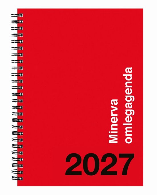Een rode agenda met de tekst 'Minerva omlegagenda 2027' in zwarte letters.