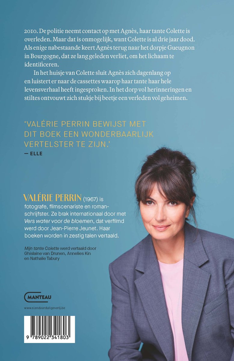 Achterkant van het boek 'Mijn tante Colette' met tekst en een foto van Valérie Perrin.