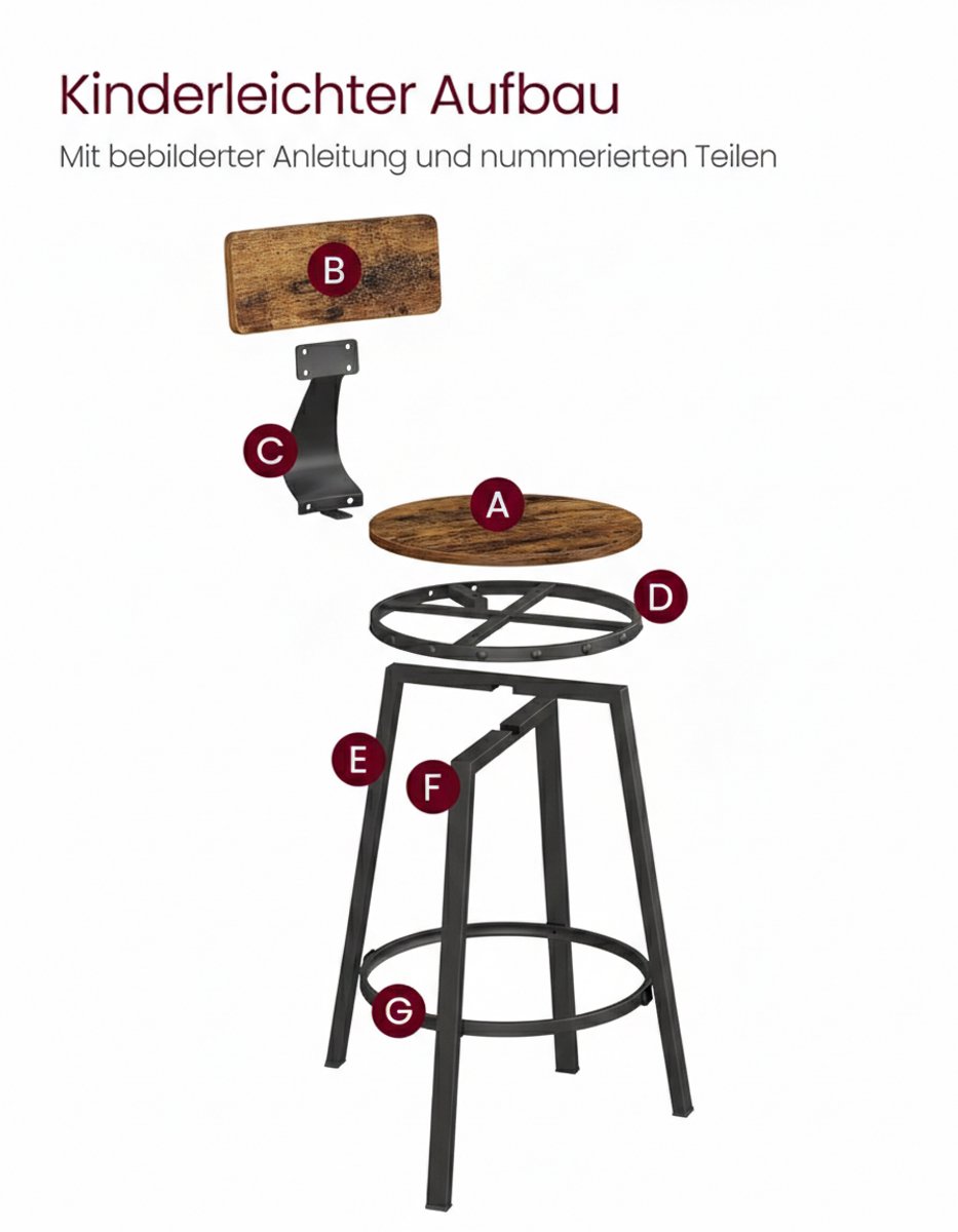 Barkrukken Set van 4 – House&Garden Industrial Vintage Barstoelen 63 cm Zithoogte – Metaal Vintage Bruin met Zwart Frame – Met Rugleuning & Voetensteun – Voor Keuken, Kookeiland & Bar