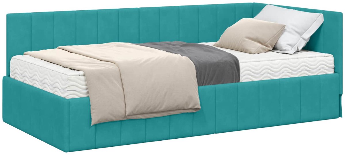 vidaXL Hoekbedframe - met - Matras - 2 - st - Turquoise - 90 - x - 190 - cm - Fluweel