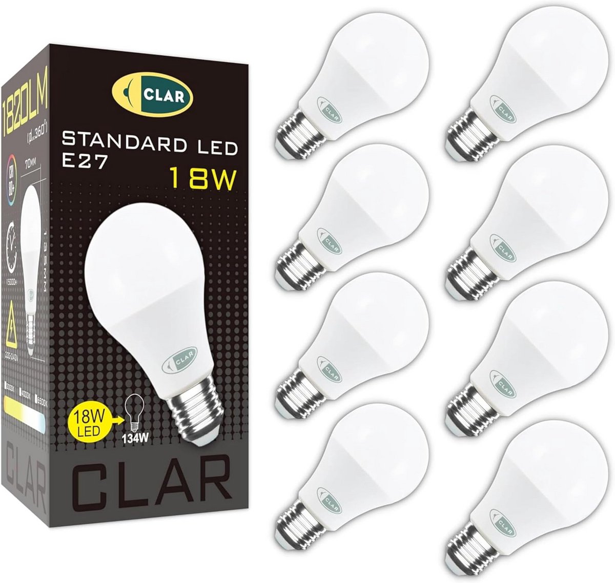 Set van 8 E27 LED Lampen 18W Neutraal Wit Licht 4000K