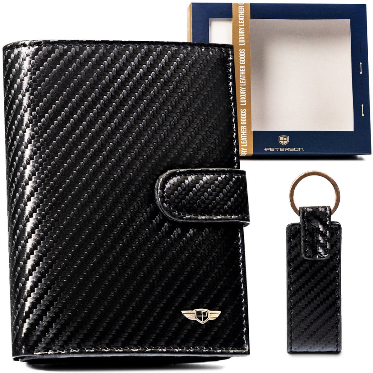 Peterson® Luxe Carbon Heren Cadeauset – Leren Portemonnee & Sleutelhanger – RFID-Bescherming – 11 Pasjeshouders – Natuurlijk Leder – Zwart