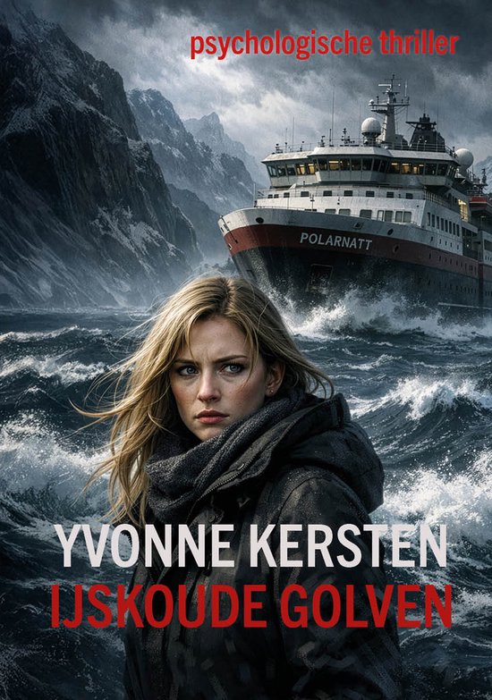 Een vrouw met blonde haren kijkt ernstig naar voren. Achter haar een schip op een ruwe zee.