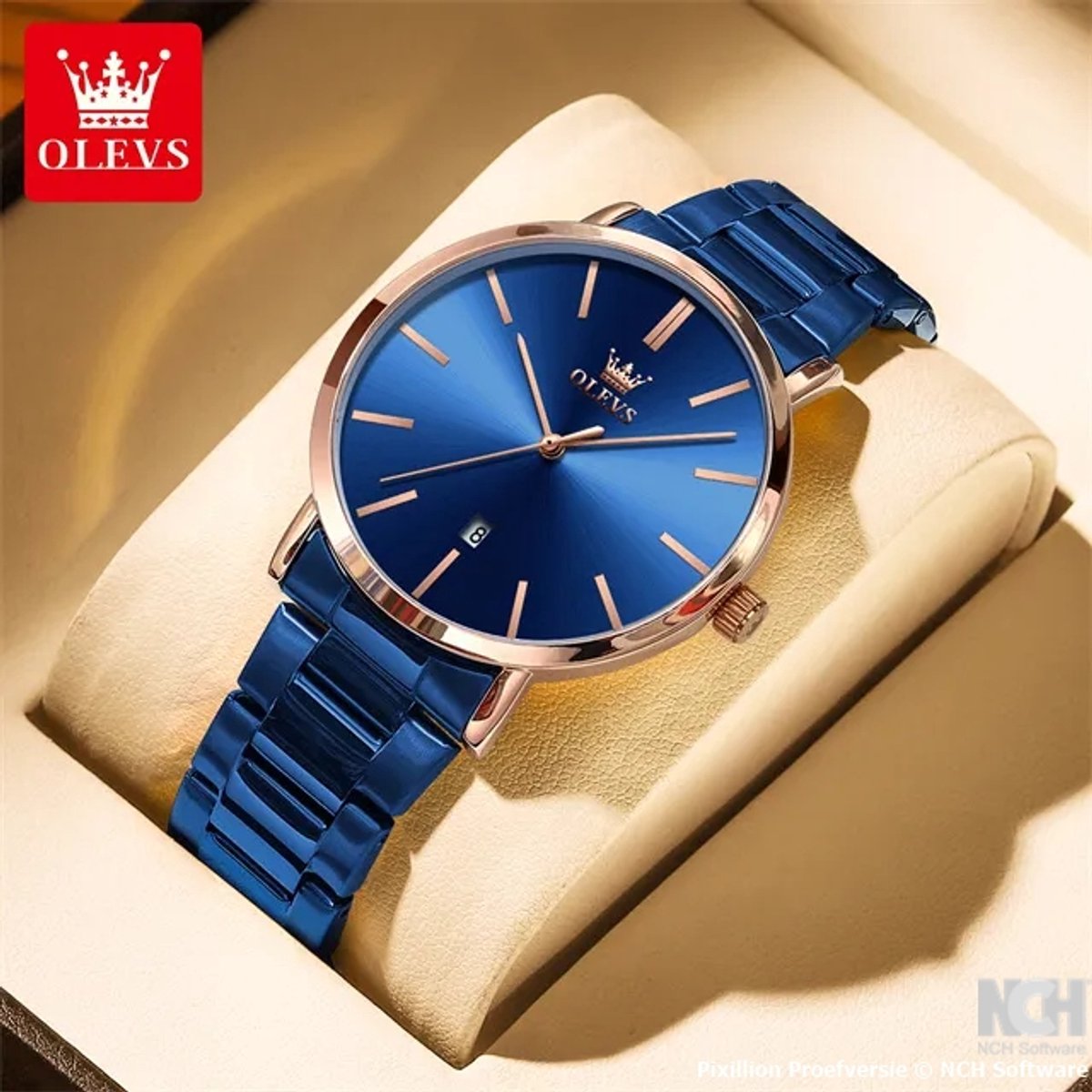 HO-0701.bl-rs : Olevs simpel blauw edelstalen heren quartz horloge, rosékleurig kast beslag, kalenderdag