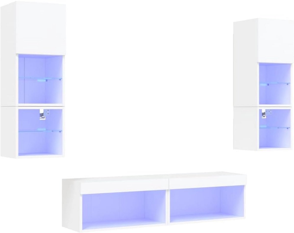 6-Delige Zwevende TV-Wandmeubelset met LED-Verlichting in Wit