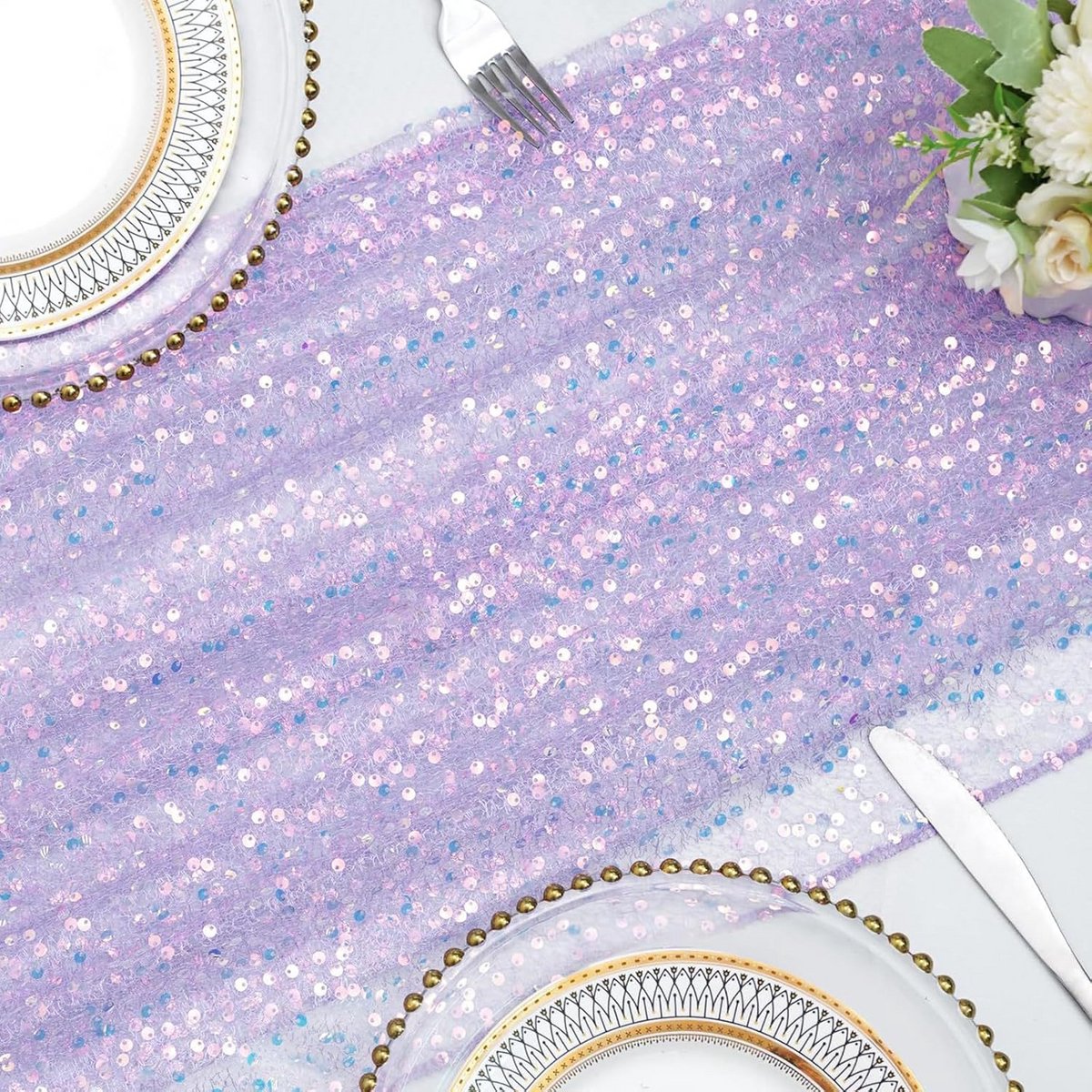 Glitter Pailletten Tafelloper en Servetten voor Feestdecoratie, 63 x 300 cm, Paars