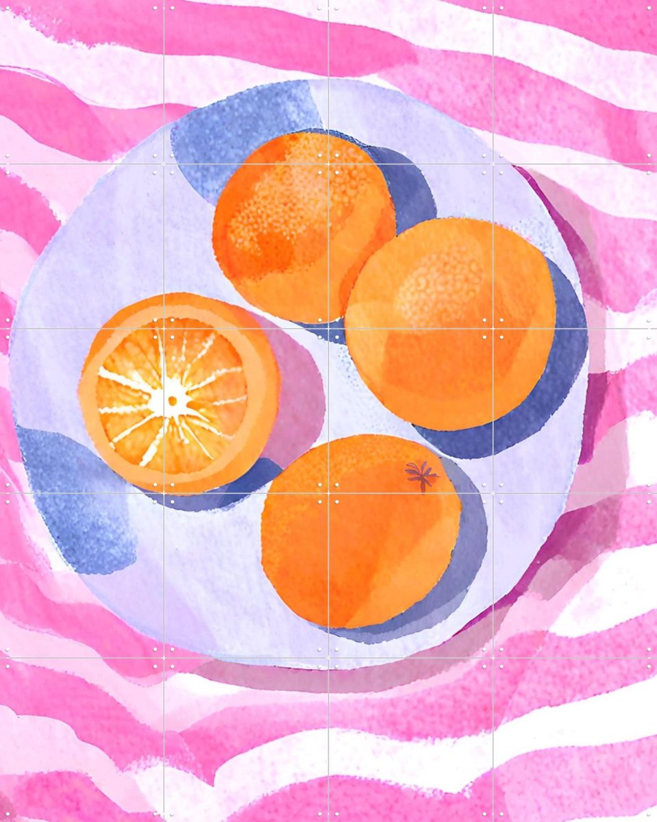 IXXI Orangen auf Teller, Ohkimiko & Various - 80 x 100 cm - Gratis ophangtool - Grote wanddecoratie en posters - Speels, Kleurrijk, Aquarel
