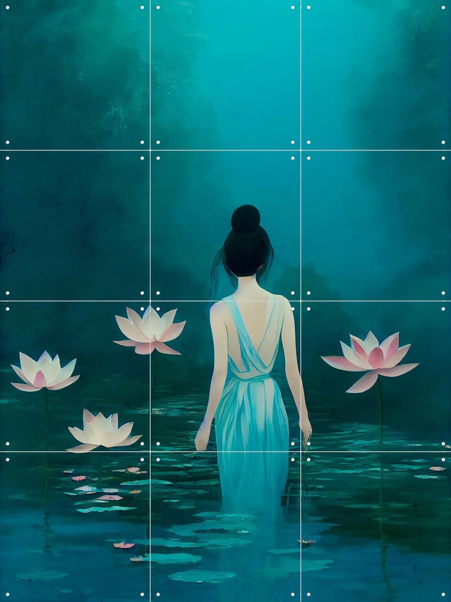 IXXI In The Pond, Treechild & Various - 60 x 80 cm - Gratis ophangtool - Grote wanddecoratie en posters - Kleurrijk, Grafisch Ontwerp, Bloemen