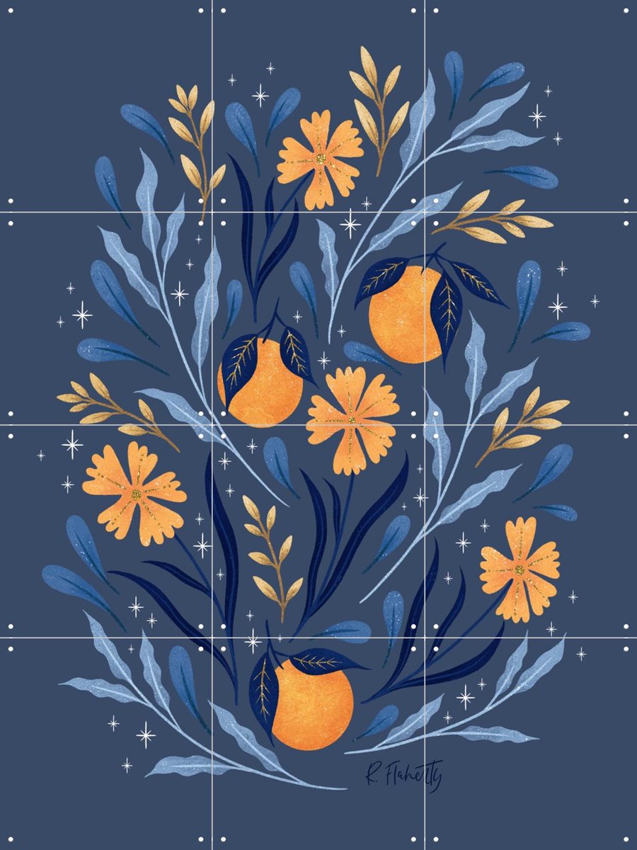IXXI Wild Flowers and Oranges Blue and Gold, Rebecca Flaherty - 60 x 80 cm - Gratis ophangtool - Grote wanddecoratie en posters - Kleurrijk