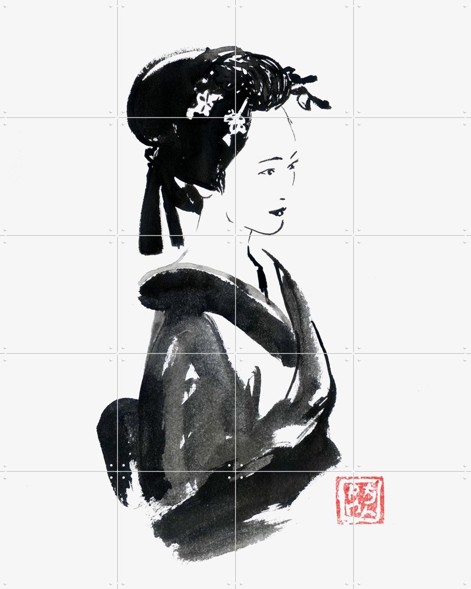 IXXI Beautiful Geisha, Péchane - 80 x 100 cm - Gratis ophangtool - Grote wanddecoratie en posters - Klassiek, Illustraties, Portretten