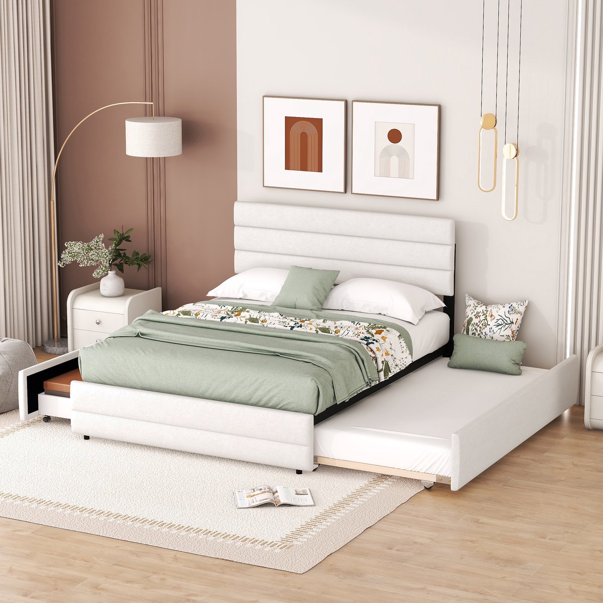 FloraGrace Platformbed 140x200cm – Gestoffeerd Bed Met Uitschuifbed En 2 Opberglades – Zonder Matras – Tweepersoons Linnen Beige Wit