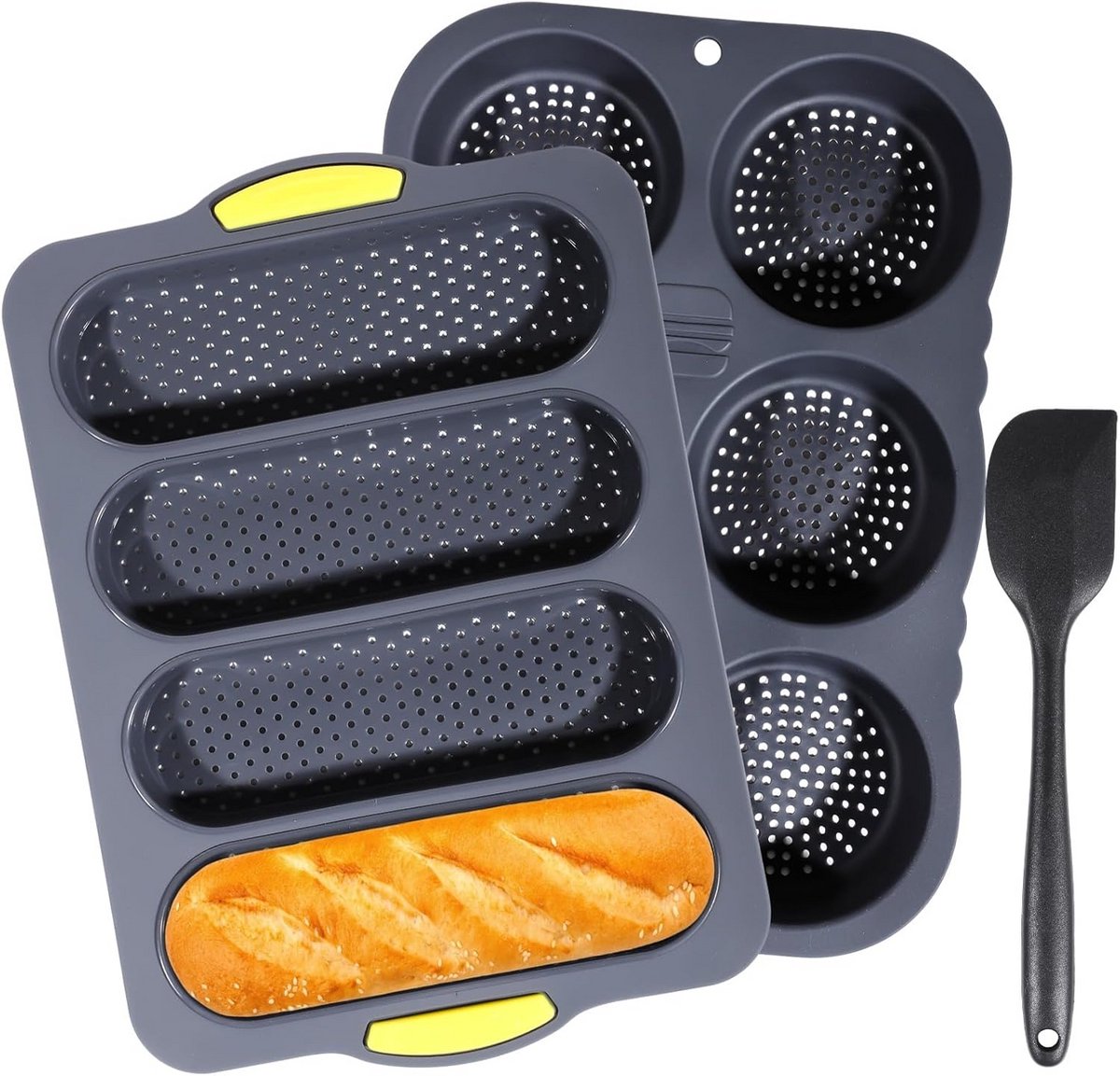 Set van 3 Siliconen Bakvormen voor Hamburgerbroodjes en Stokbrood met Schraper